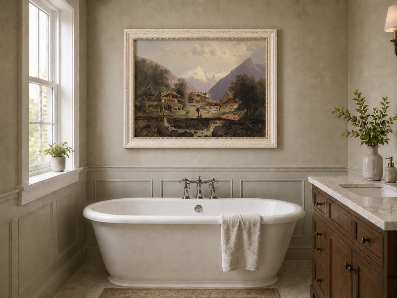 Landscape Oil Painting - Alpine Village, Wooden Cottages & Stream