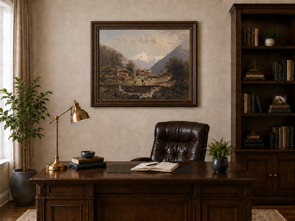 Landscape Oil Painting - Alpine Village, Wooden Cottages & Stream