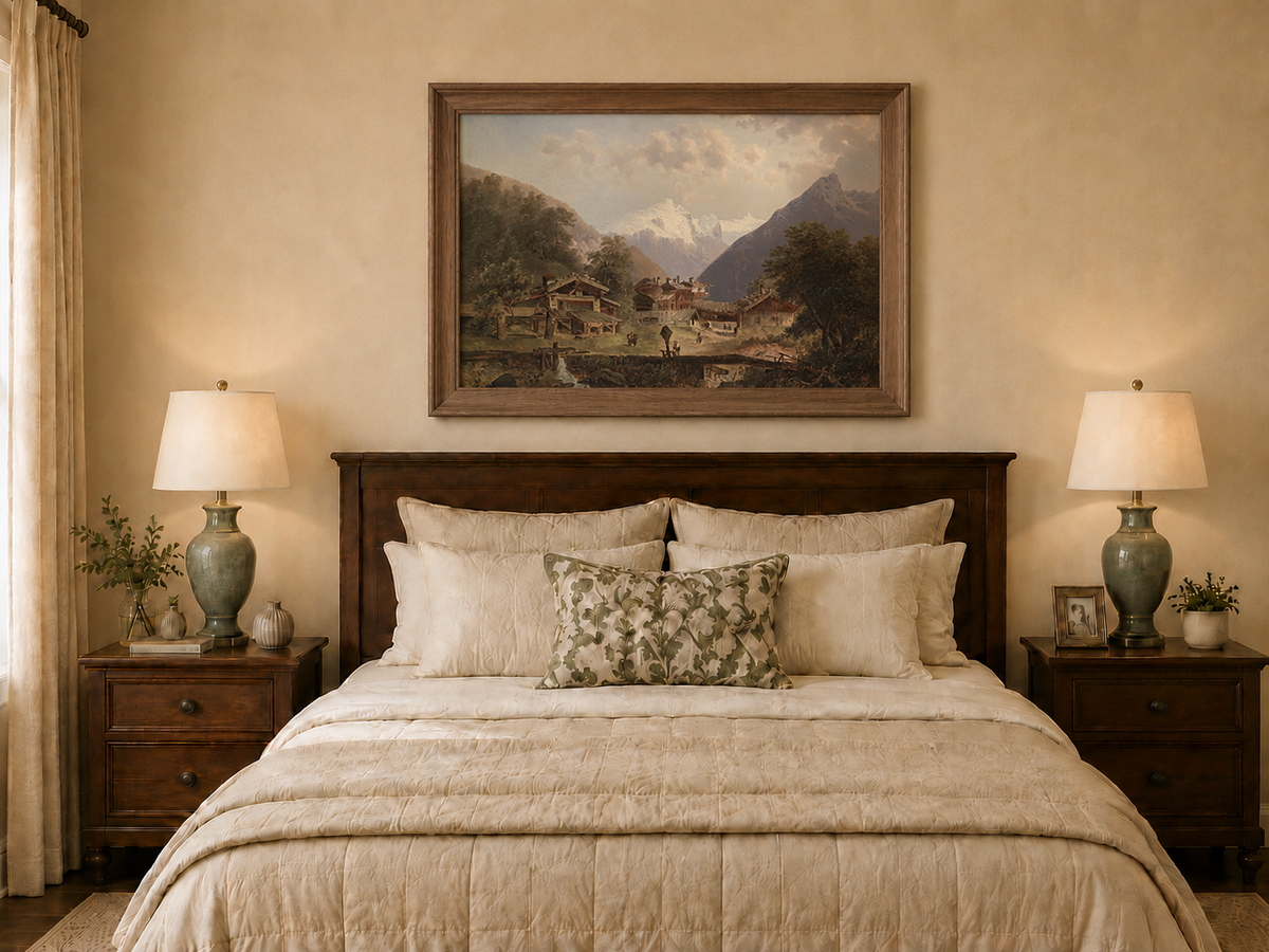Landscape Oil Painting - Alpine Village, Wooden Cottages & Stream
