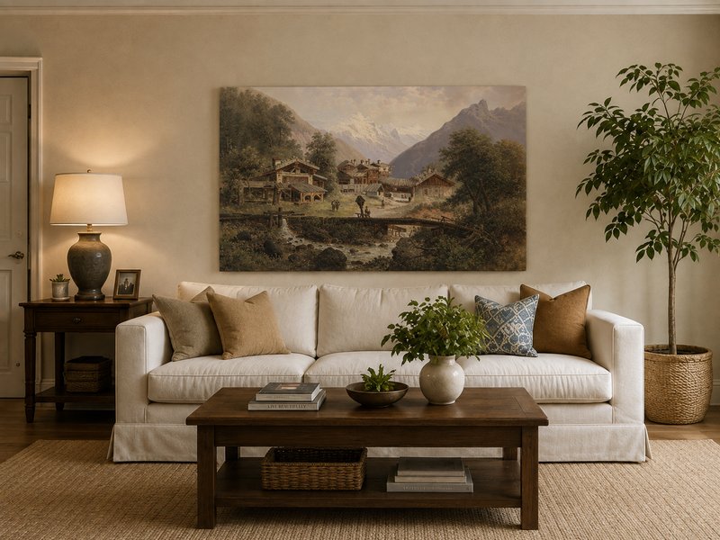 Landscape Oil Painting - Alpine Village, Wooden Cottages & Stream