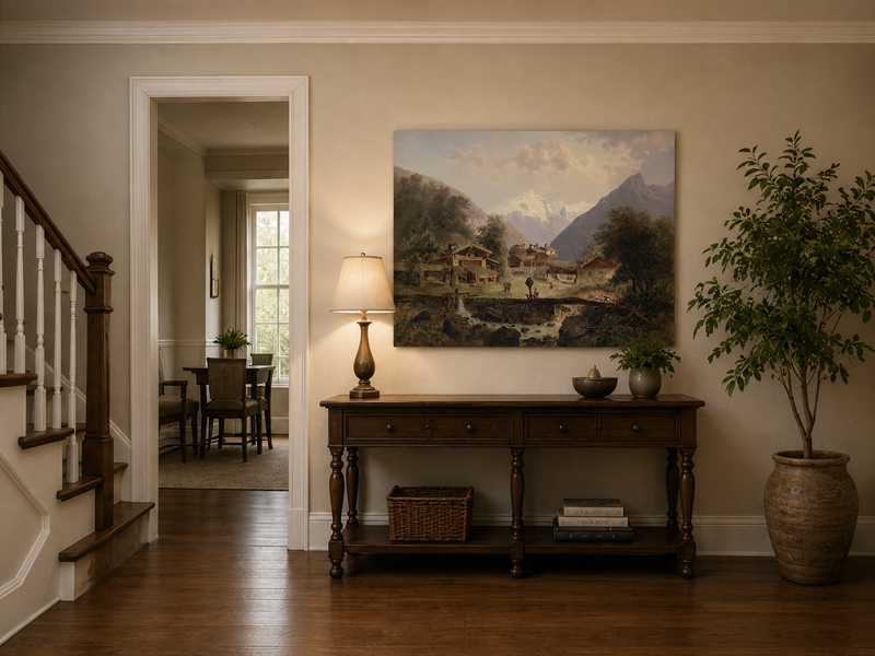 Landscape Oil Painting - Alpine Village, Wooden Cottages & Stream