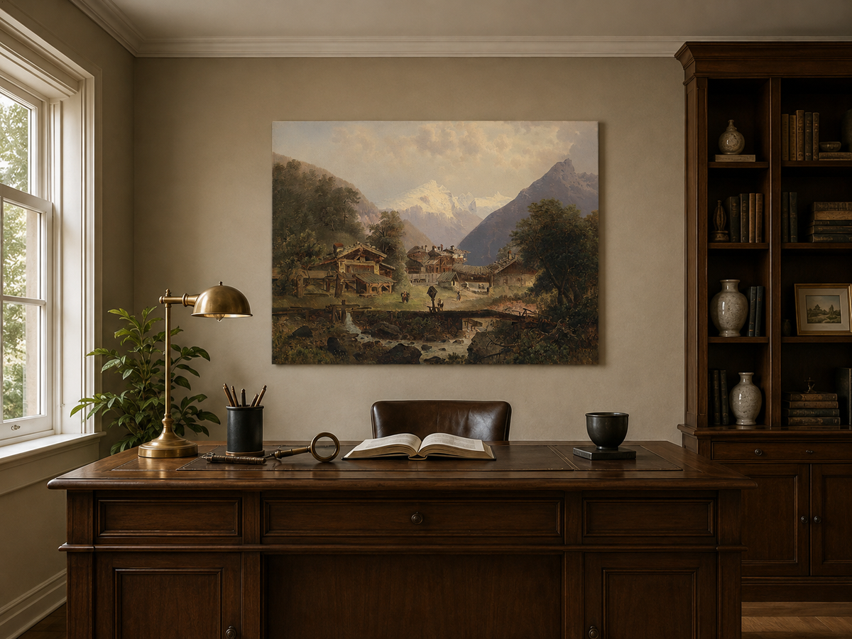 Landscape Oil Painting - Alpine Village, Wooden Cottages & Stream