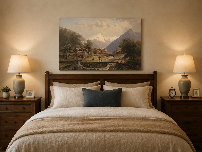 Landscape Oil Painting - Alpine Village, Wooden Cottages & Stream