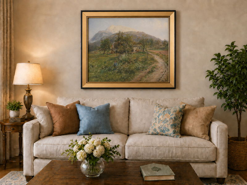 Landscape Oil Painting - Alpine Farmstead, Grassy Fields