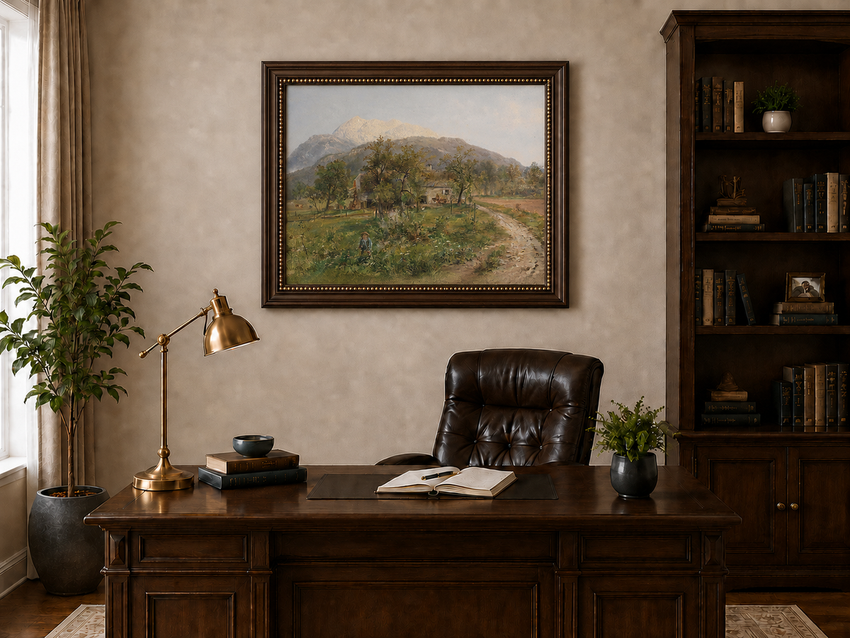 Landscape Oil Painting - Alpine Farmstead, Grassy Fields