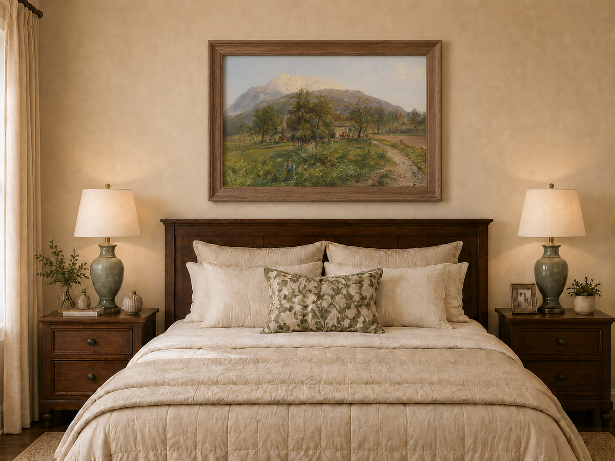 Landscape Oil Painting - Alpine Farmstead, Grassy Fields