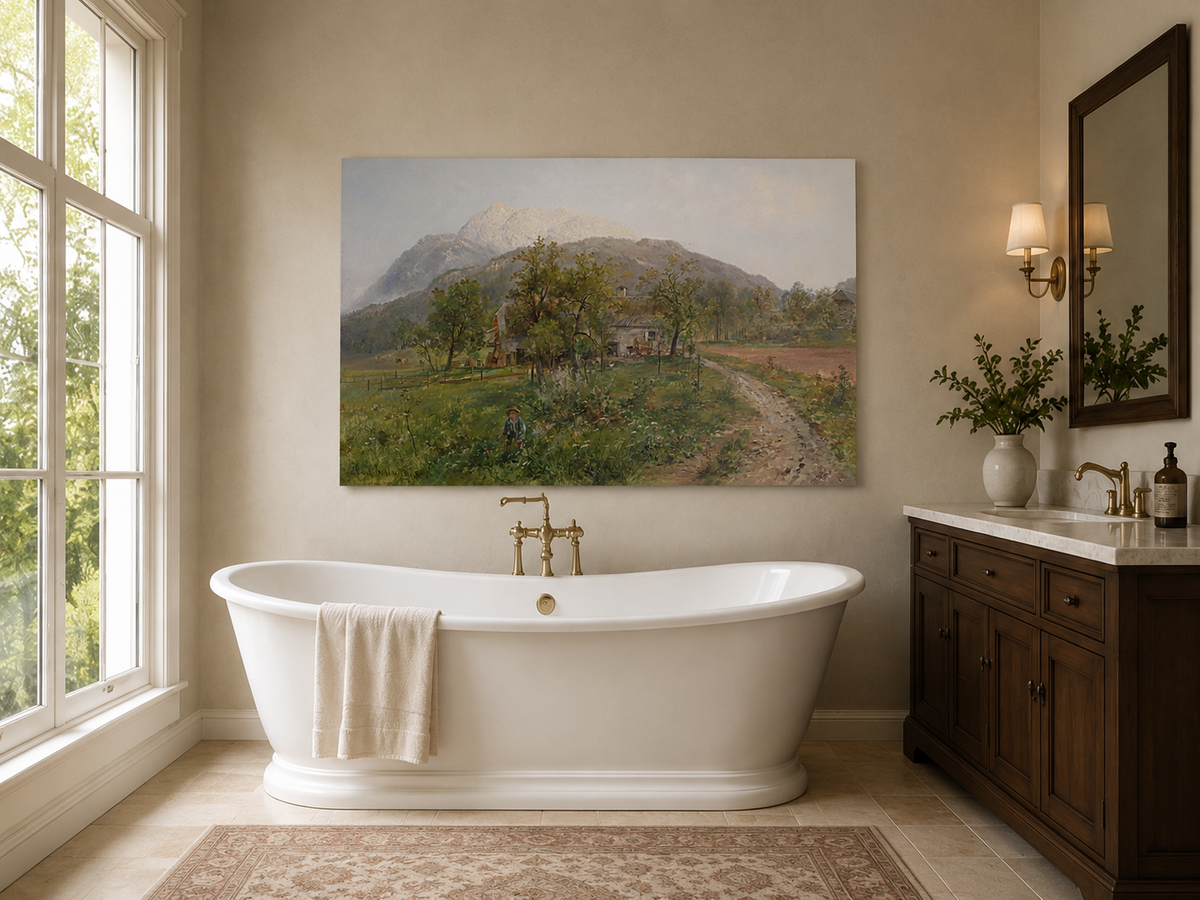 Landscape Oil Painting - Alpine Farmstead, Grassy Fields