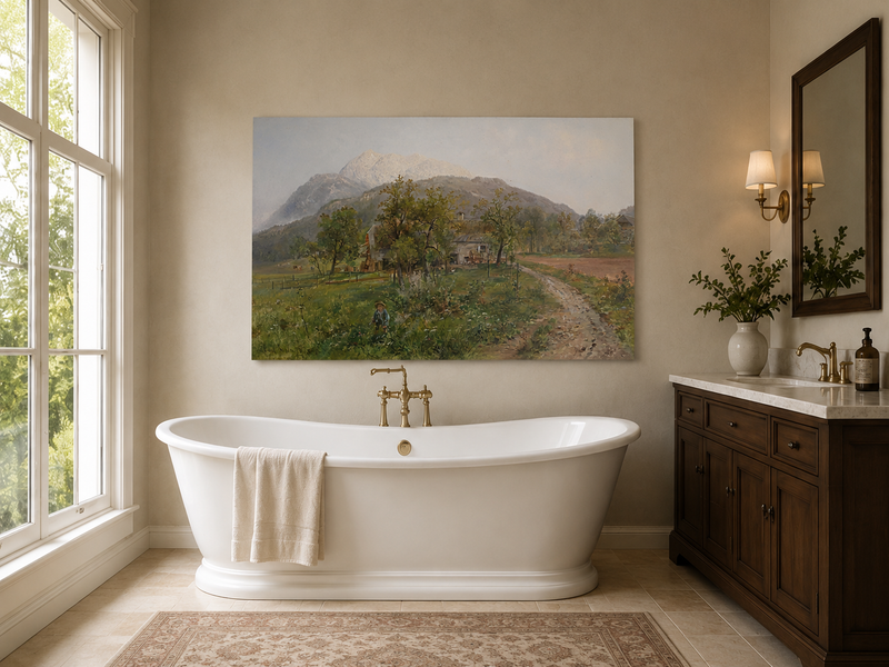 Landscape Oil Painting - Alpine Farmstead, Grassy Fields