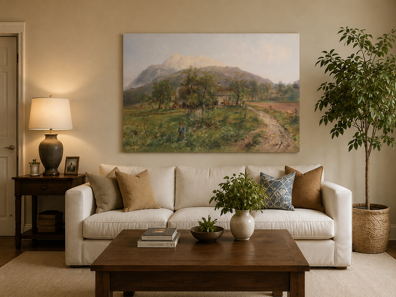Landscape Oil Painting - Alpine Farmstead, Grassy Fields