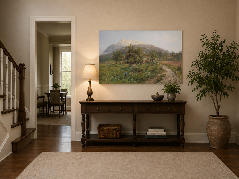 Landscape Oil Painting - Alpine Farmstead, Grassy Fields