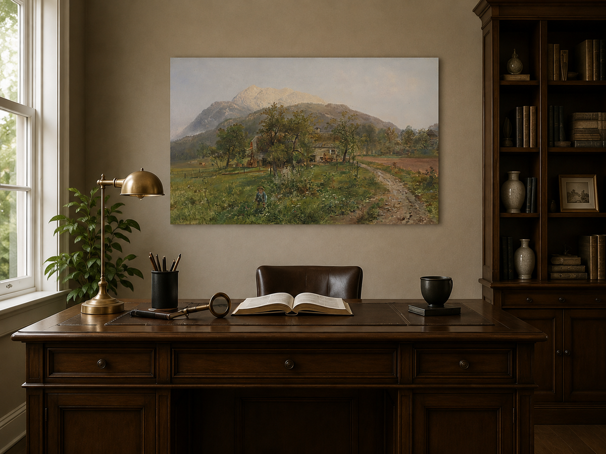 Landscape Oil Painting - Alpine Farmstead, Grassy Fields