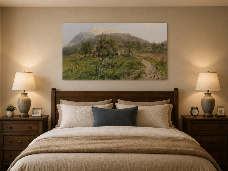 Landscape Oil Painting - Alpine Farmstead, Grassy Fields