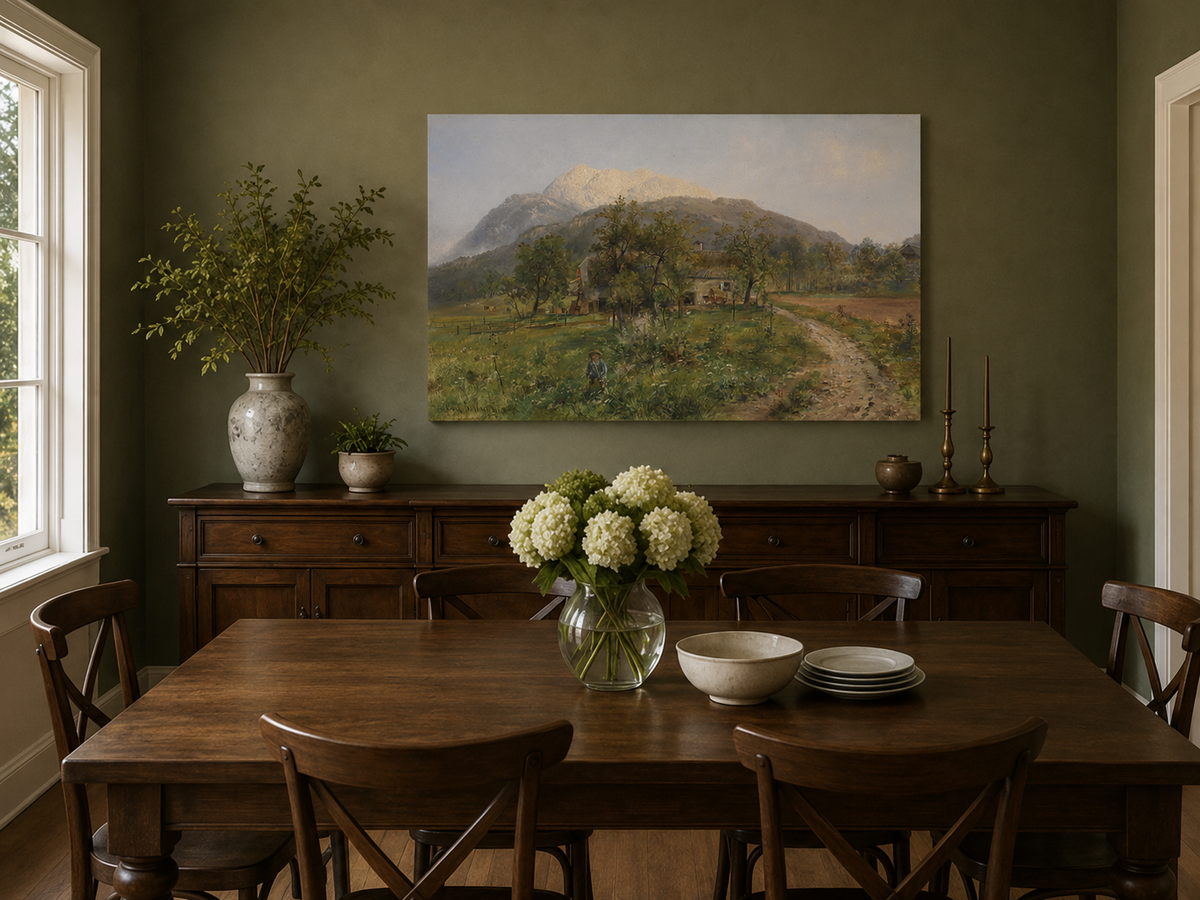Landscape Oil Painting - Alpine Farmstead, Grassy Fields
