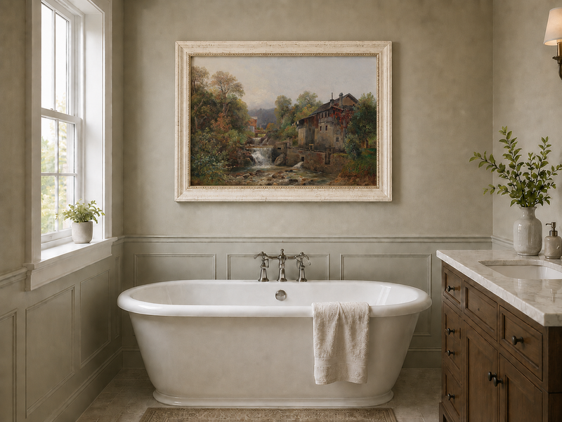 Landscape Oil Painting - Stream, Waterfall, Stone Mill & Autumn