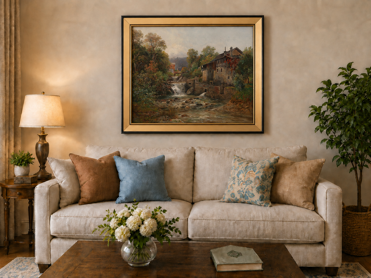 Landscape Oil Painting - Stream, Waterfall, Stone Mill & Autumn