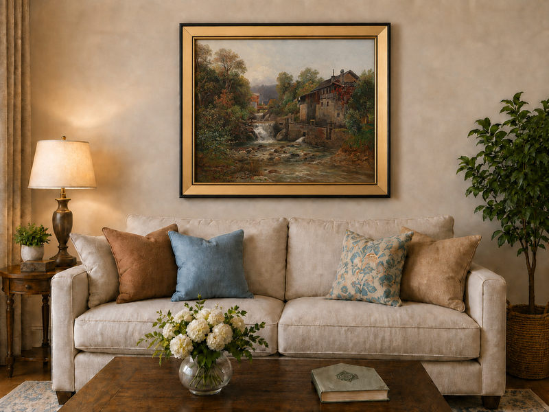 Landscape Oil Painting - Stream, Waterfall, Stone Mill & Autumn