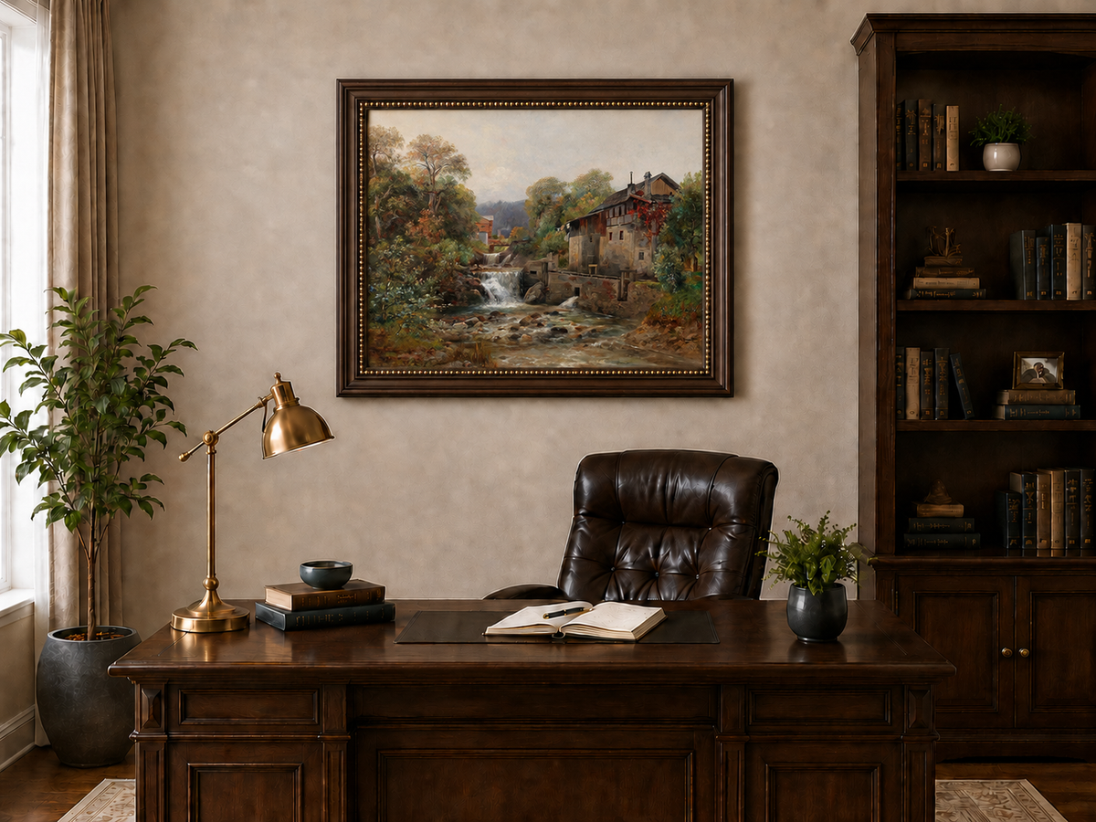 Landscape Oil Painting - Stream, Waterfall, Stone Mill & Autumn