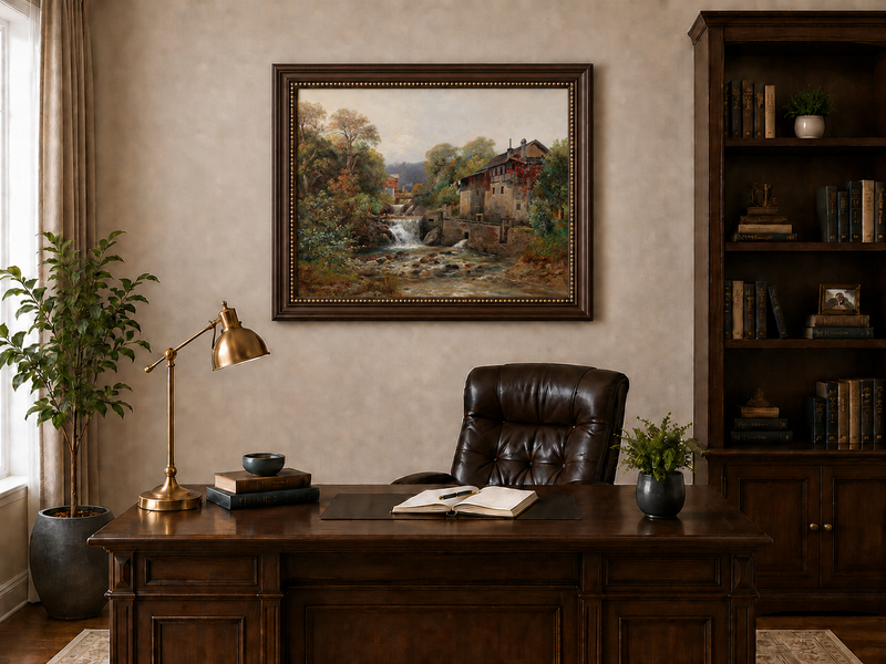 Landscape Oil Painting - Stream, Waterfall, Stone Mill & Autumn