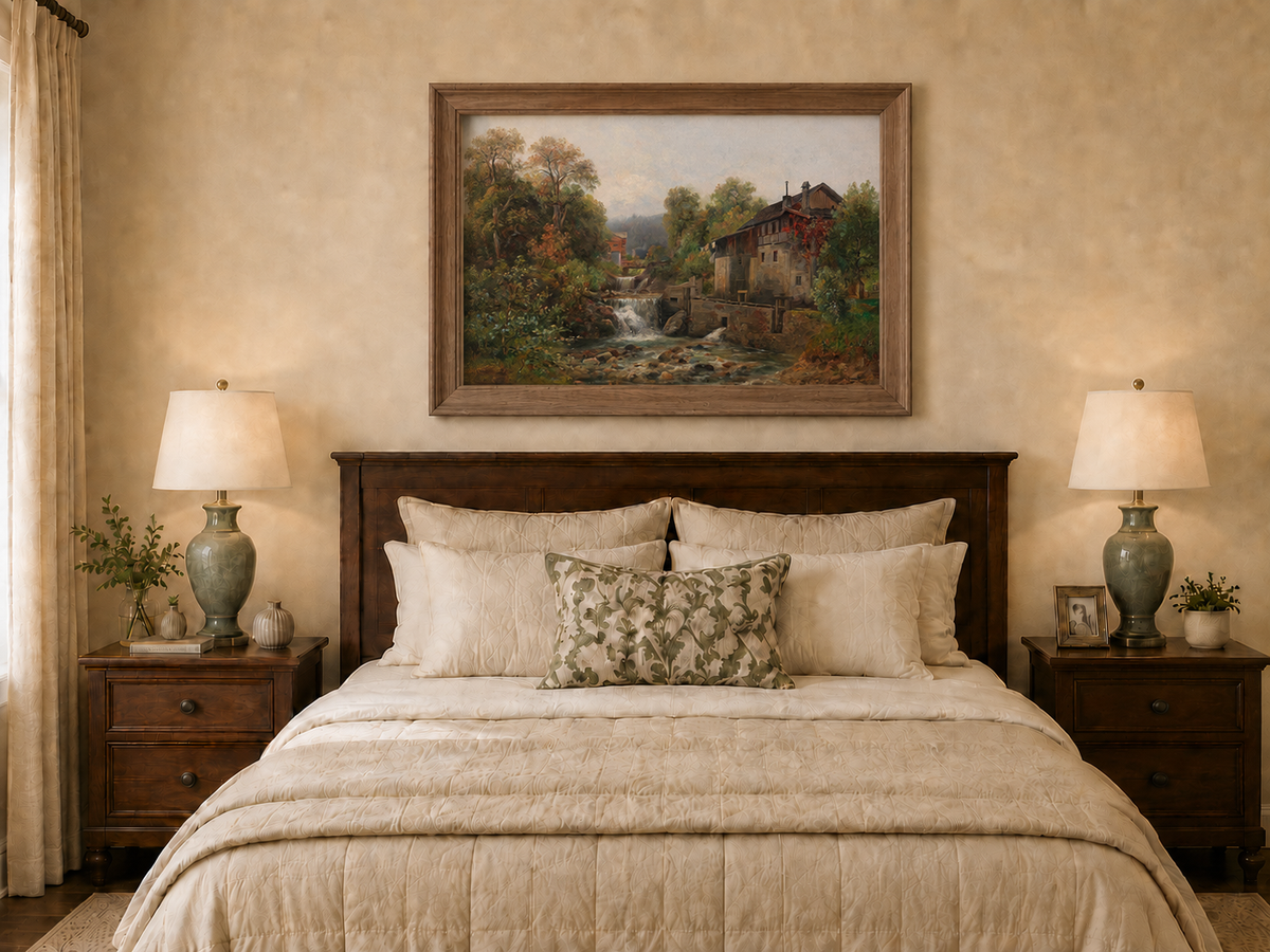 Landscape Oil Painting - Stream, Waterfall, Stone Mill & Autumn