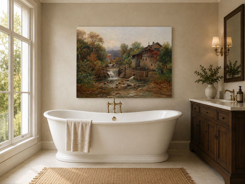 Landscape Oil Painting - Stream, Waterfall, Stone Mill & Autumn