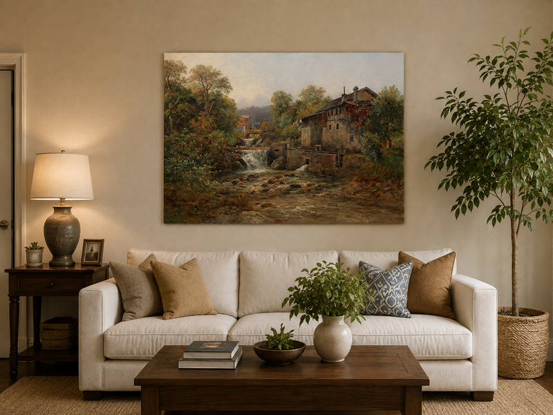 Landscape Oil Painting - Stream, Waterfall, Stone Mill & Autumn