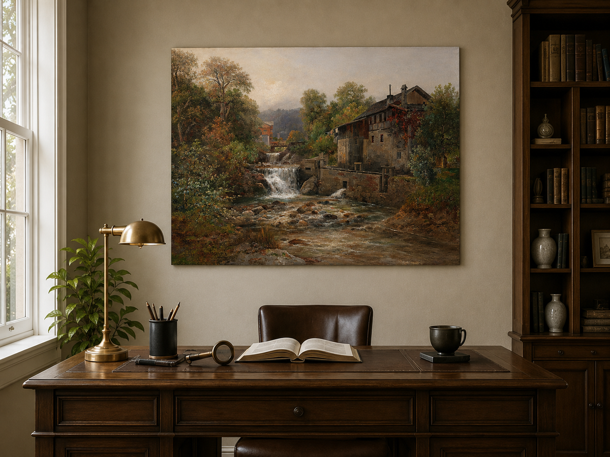 Landscape Oil Painting - Stream, Waterfall, Stone Mill & Autumn