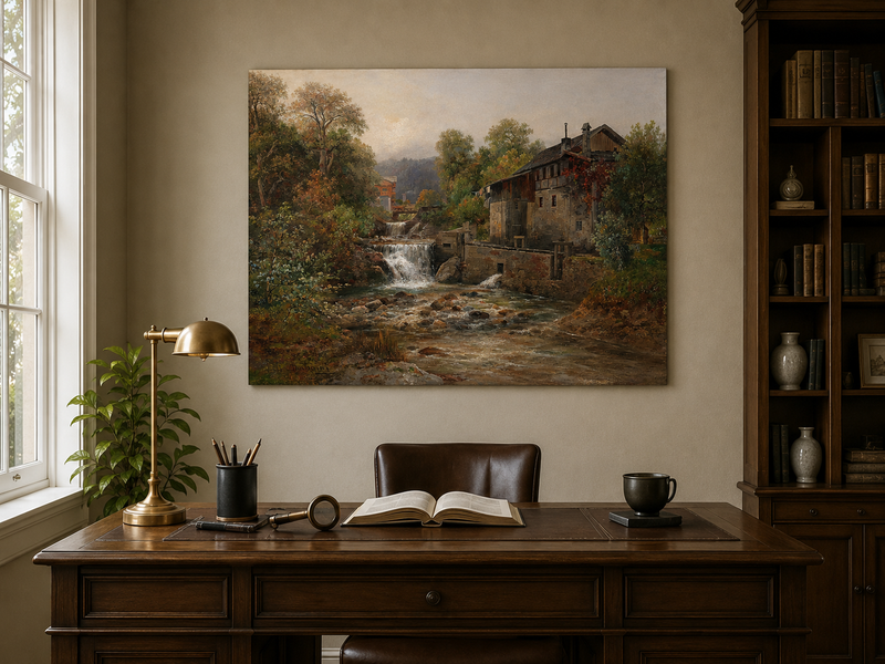 Landscape Oil Painting - Stream, Waterfall, Stone Mill & Autumn