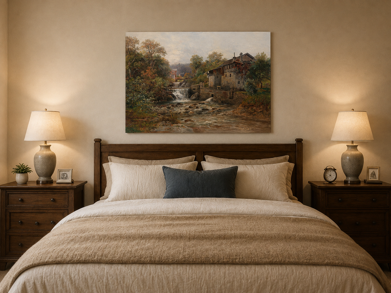 Landscape Oil Painting - Stream, Waterfall, Stone Mill & Autumn