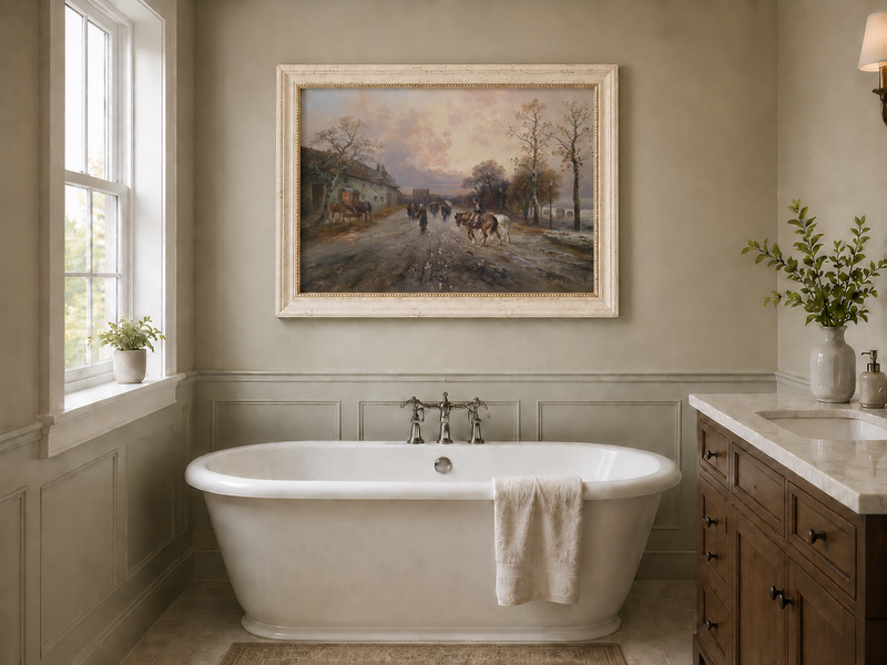 Landscape Oil Painting - Rural Lane, Horses, Pedestrians & Dusk