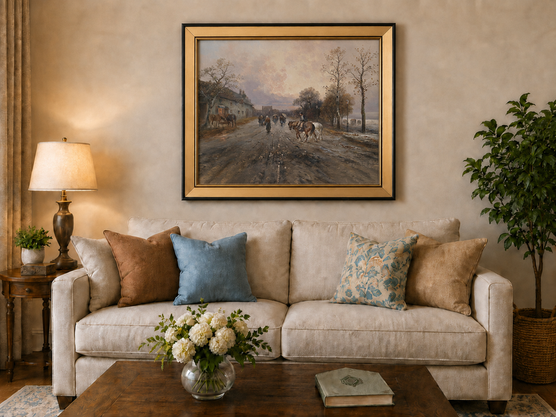 Landscape Oil Painting - Rural Lane, Horses, Pedestrians & Dusk