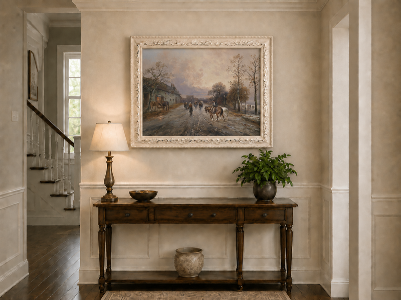Landscape Oil Painting - Rural Lane, Horses, Pedestrians & Dusk