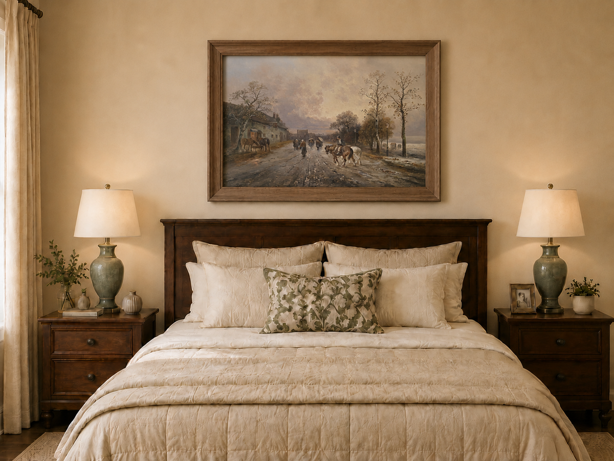 Landscape Oil Painting - Rural Lane, Horses, Pedestrians & Dusk