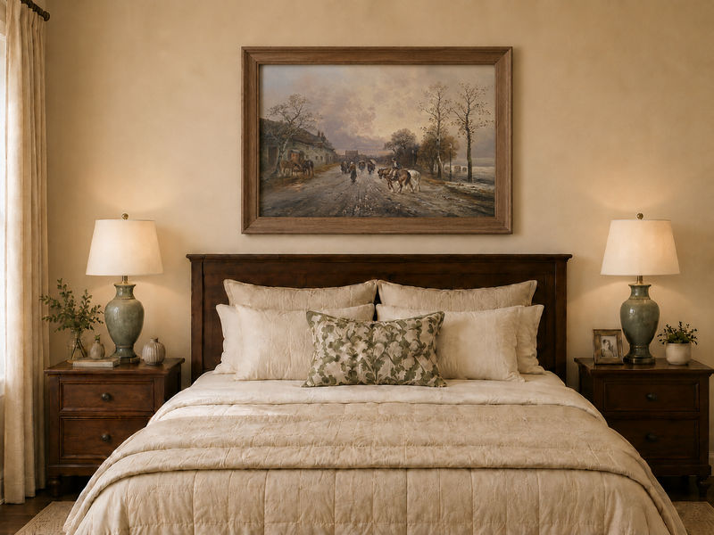Landscape Oil Painting - Rural Lane, Horses, Pedestrians & Dusk
