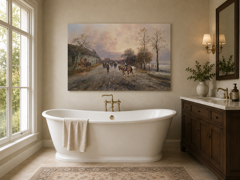 Landscape Oil Painting - Rural Lane, Horses, Pedestrians & Dusk