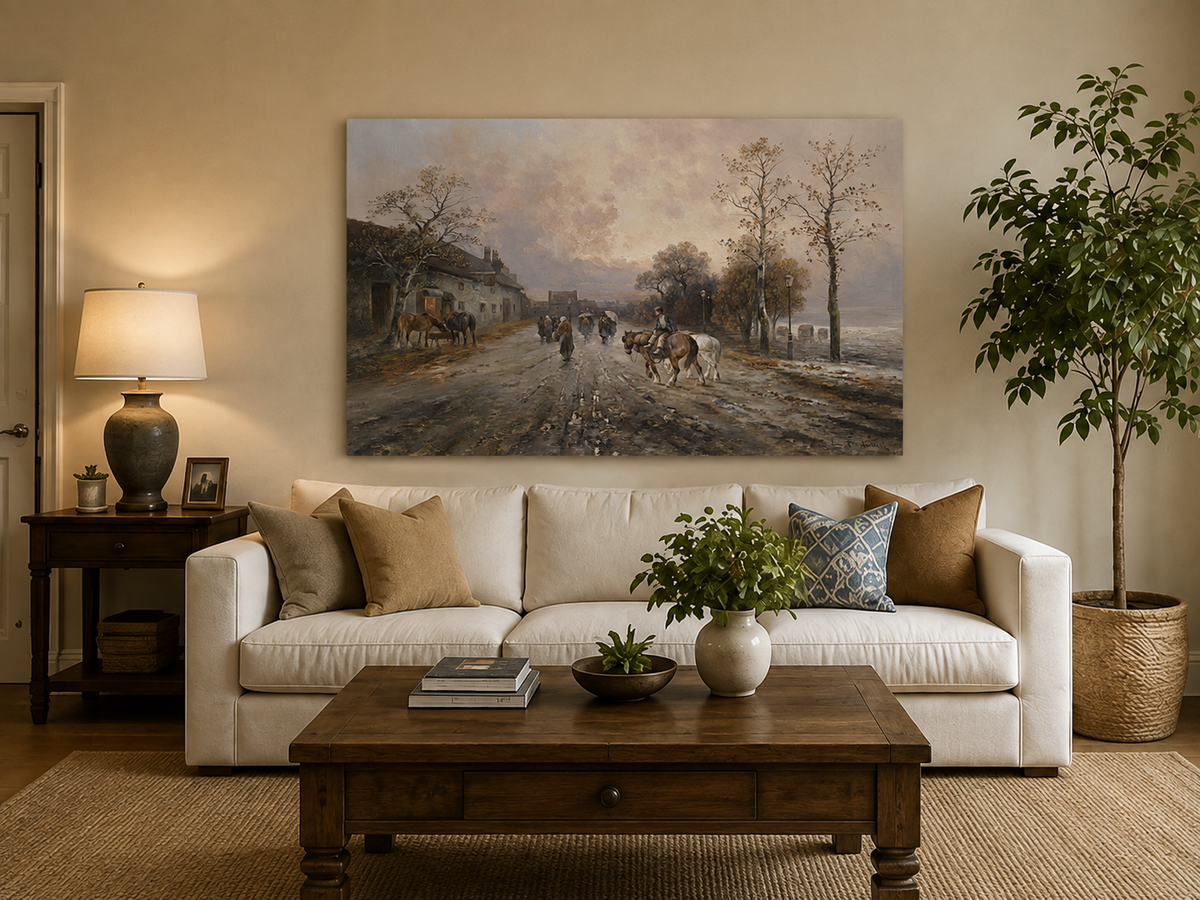 Landscape Oil Painting - Rural Lane, Horses, Pedestrians & Dusk