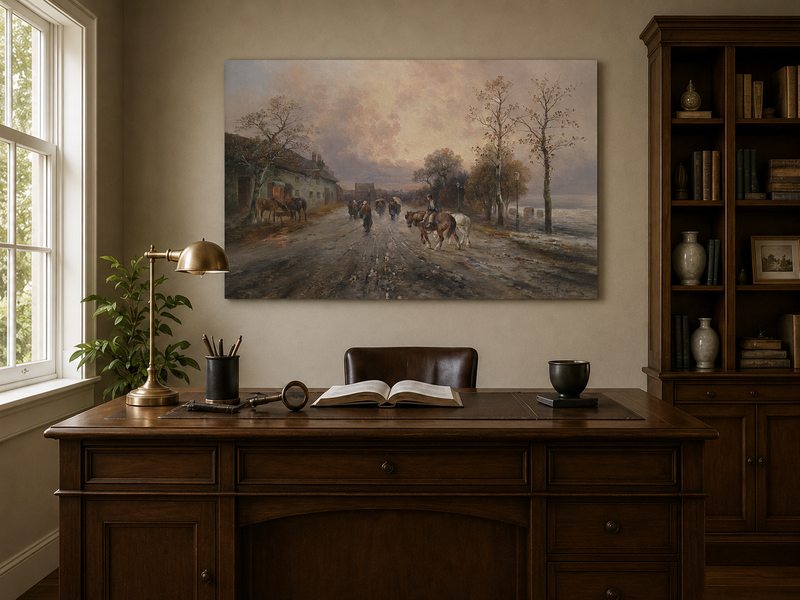 Landscape Oil Painting - Rural Lane, Horses, Pedestrians & Dusk
