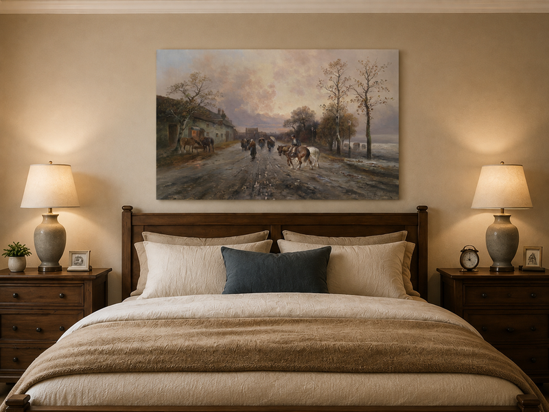 Landscape Oil Painting - Rural Lane, Horses, Pedestrians & Dusk