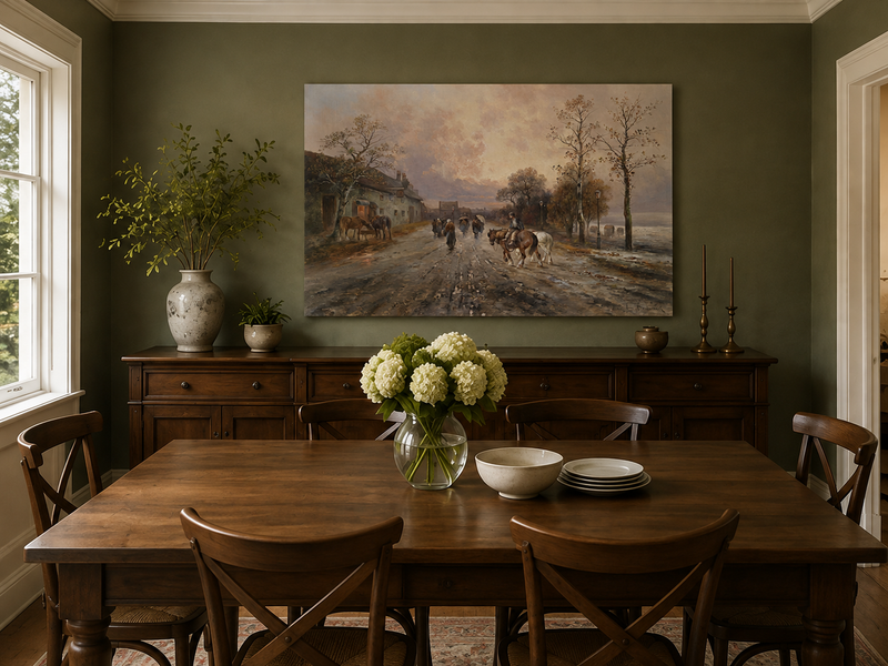 Landscape Oil Painting - Rural Lane, Horses, Pedestrians & Dusk