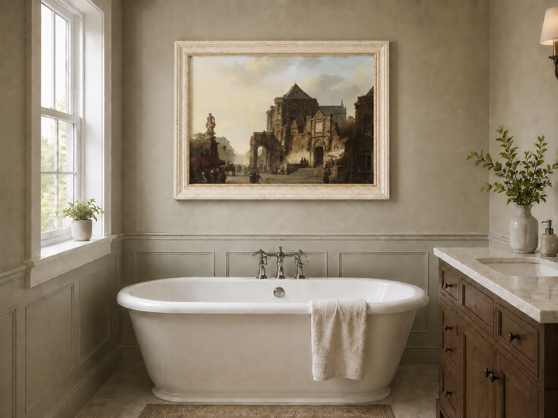 Landscape Oil Painting - Historic European Town Square