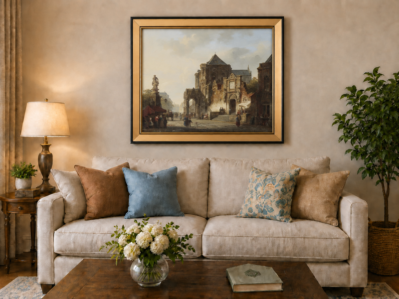 Landscape Oil Painting - Historic European Town Square