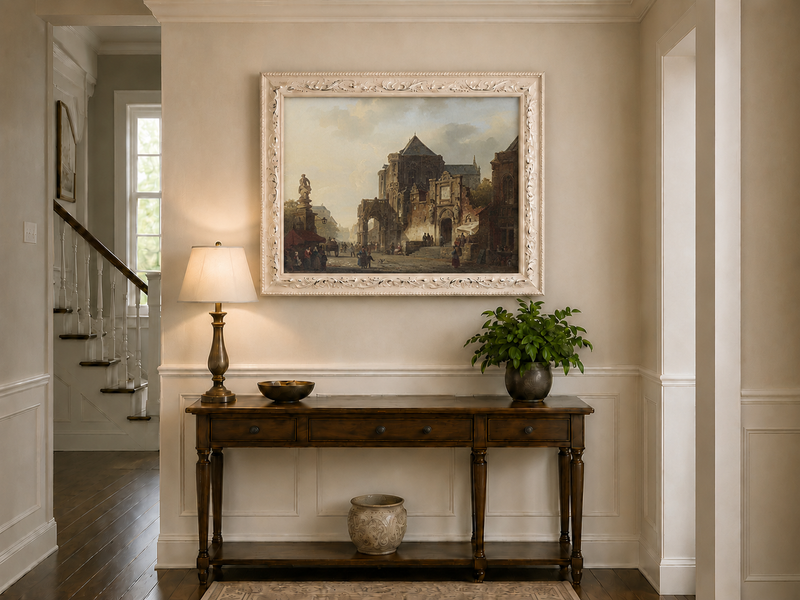 Landscape Oil Painting - Historic European Town Square