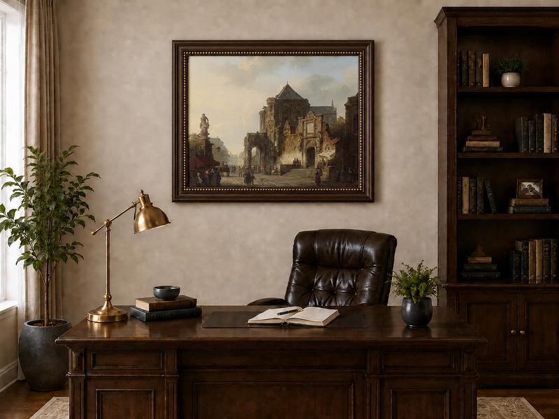 Landscape Oil Painting - Historic European Town Square