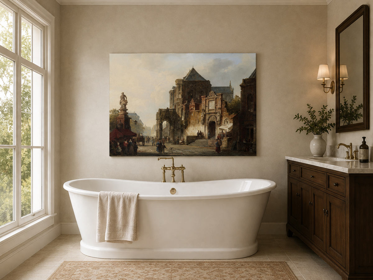 Landscape Oil Painting - Historic European Town Square