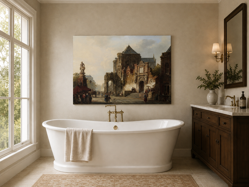 Landscape Oil Painting - Historic European Town Square