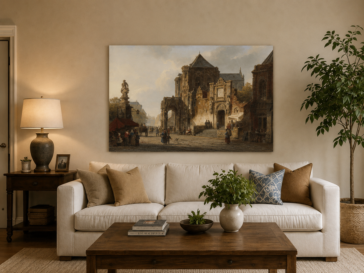Landscape Oil Painting - Historic European Town Square