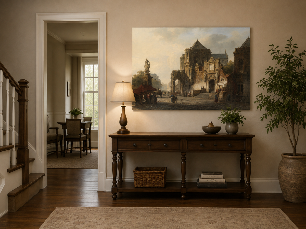 Landscape Oil Painting - Historic European Town Square