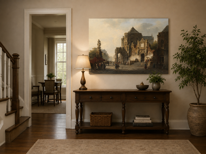 Landscape Oil Painting - Historic European Town Square