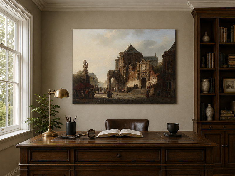 Landscape Oil Painting - Historic European Town Square