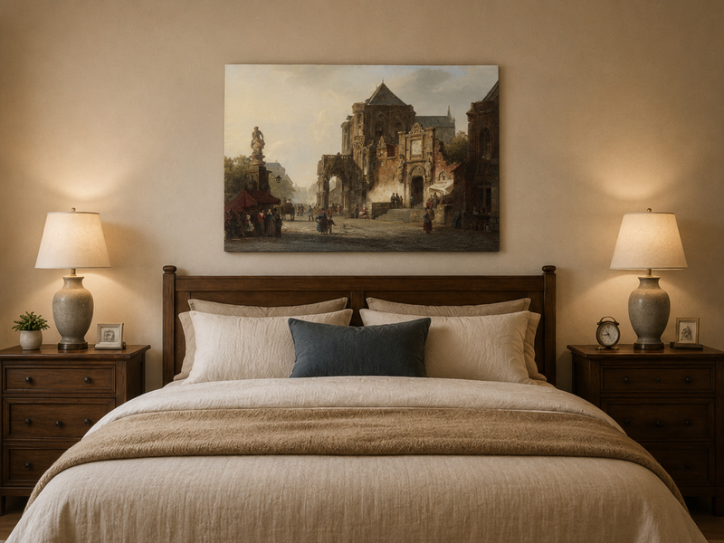 Landscape Oil Painting - Historic European Town Square