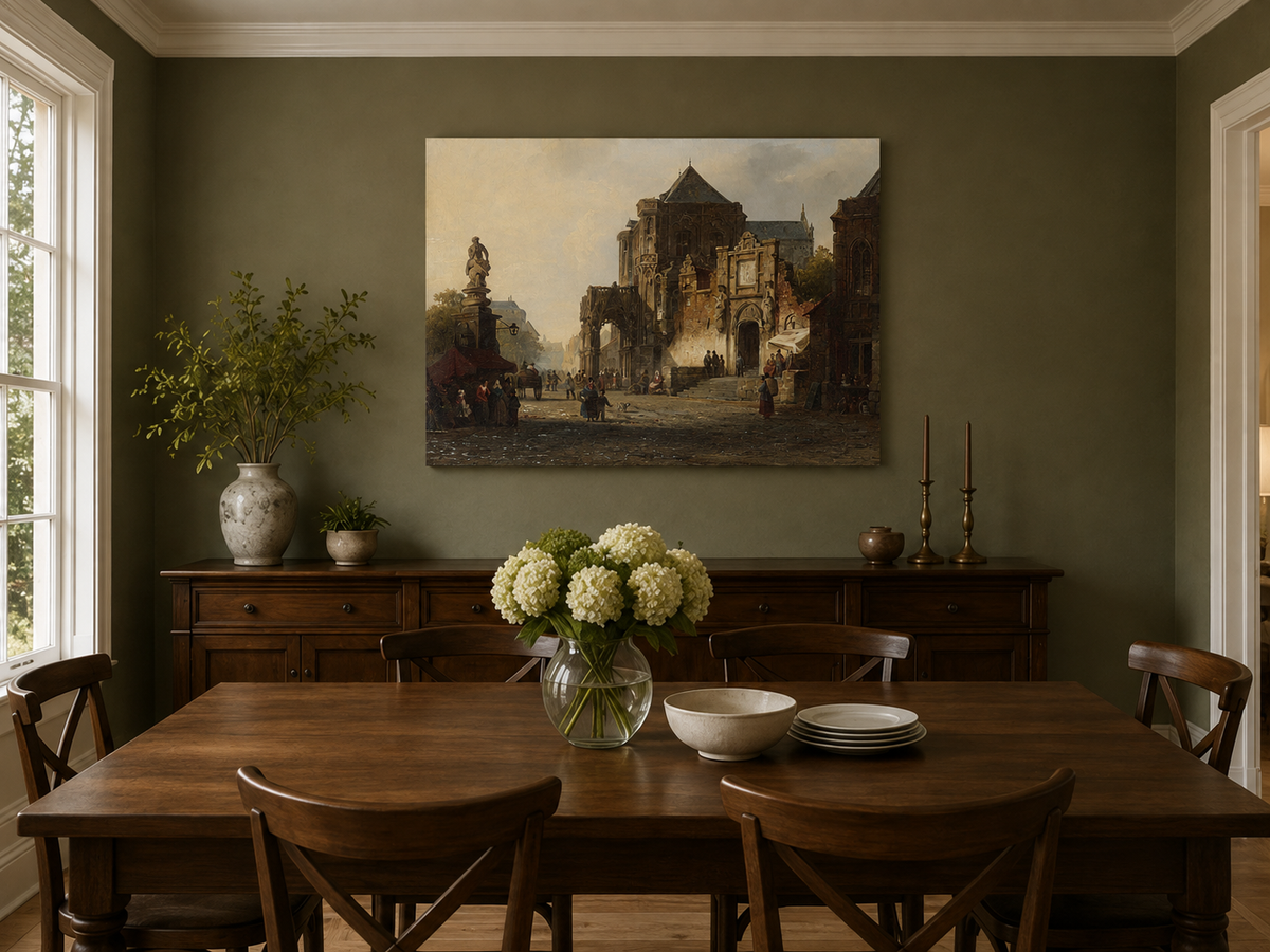 Landscape Oil Painting - Historic European Town Square